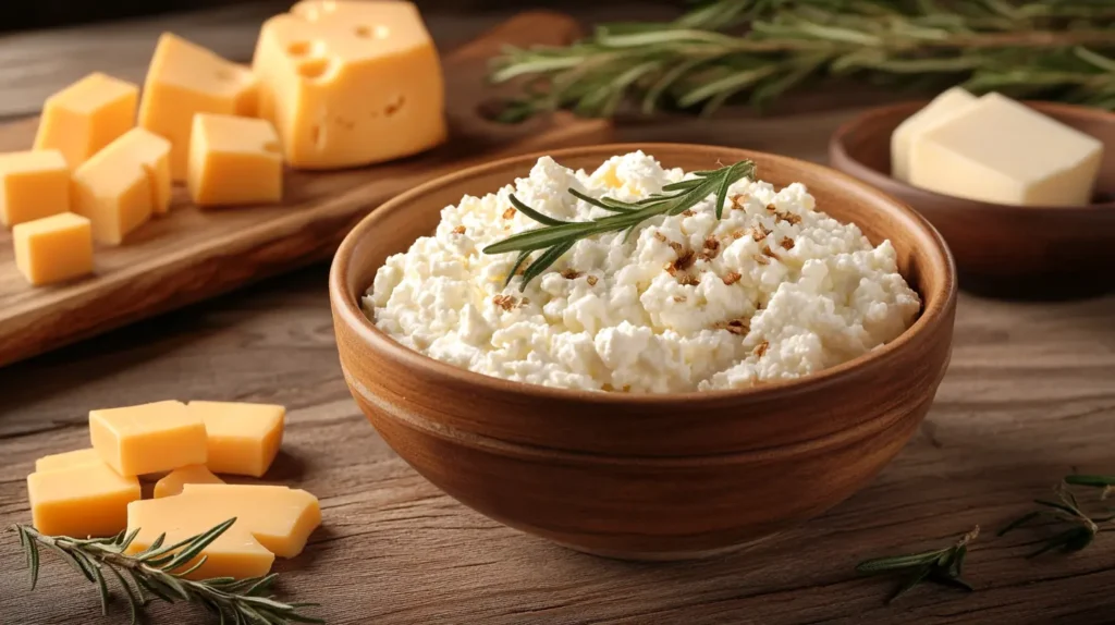 Cottage cheese and blocks of aged cheese.