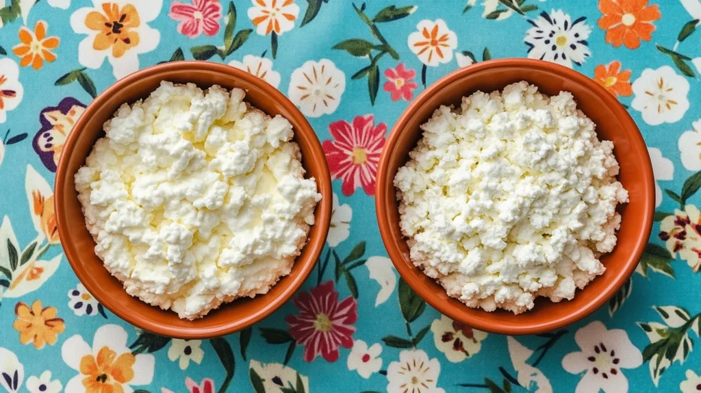 A bowl of curd next to cottage cheese.