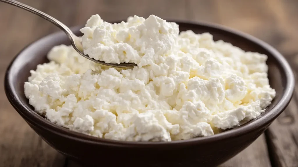 Cottage cheese with a spoon on a wooden table.