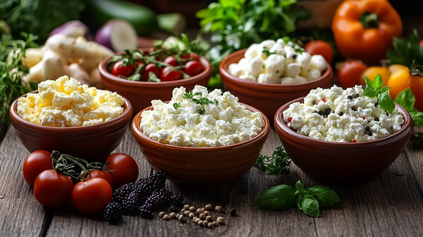 Assortment of cottage cheese varieties in bowls