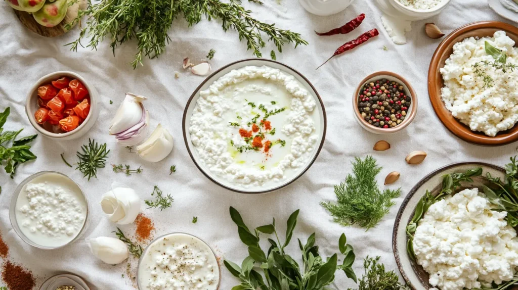 A vibrant plate featuring dishes made with cottage cheese and curd.